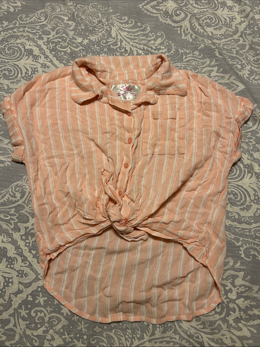 Justice Peach and White Striped Button-Front Tie Top